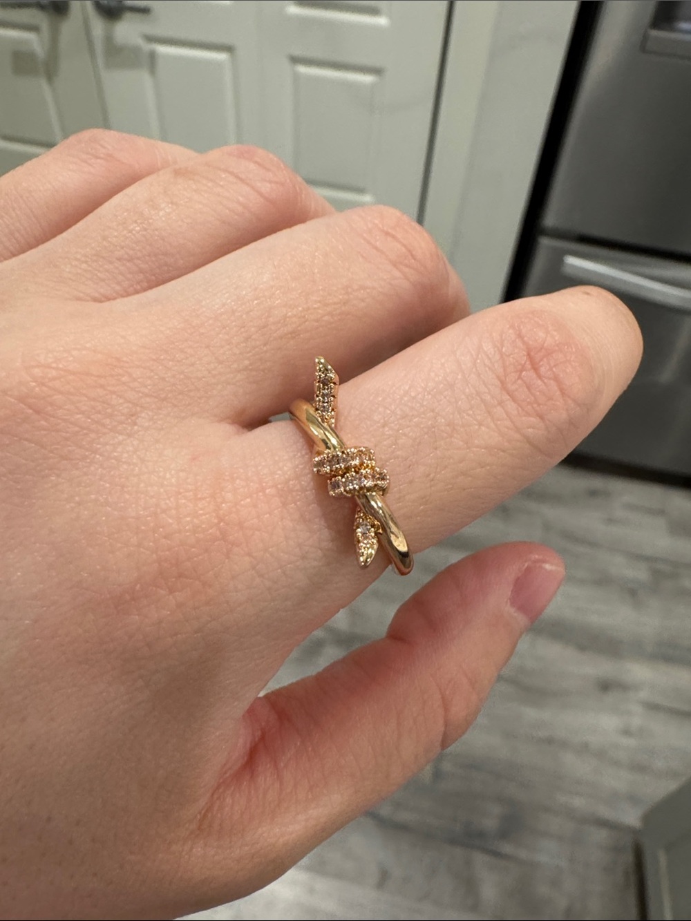 Champagne Gold Knot Motif Sparkling CZ Ring Size 7